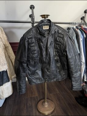 Schott NYC Black Armored Belted Padded Quilted Leather Moto Biker Jacket 46